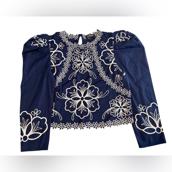 Express Blue Top Puff Sleeve Blouse Bohemian Embroidered Floral Size Small - Picture 1 of 13